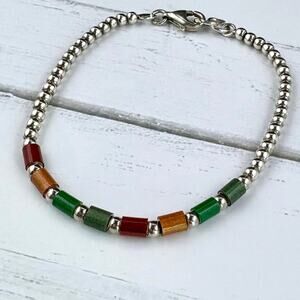 Vintage Sterling Silver Beaded Bracelet with Multicolor Enameled Barrel Beads